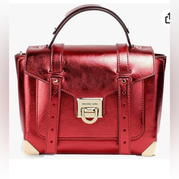 NWT MICHAEL Michael Kors Manhattan Satchel in Crimson Metalic with Gold Accents - Picture 1 of 10